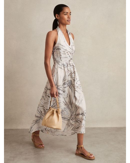 Reiss Natural Petite Linen Palm Print Halterneck Midi Dress
