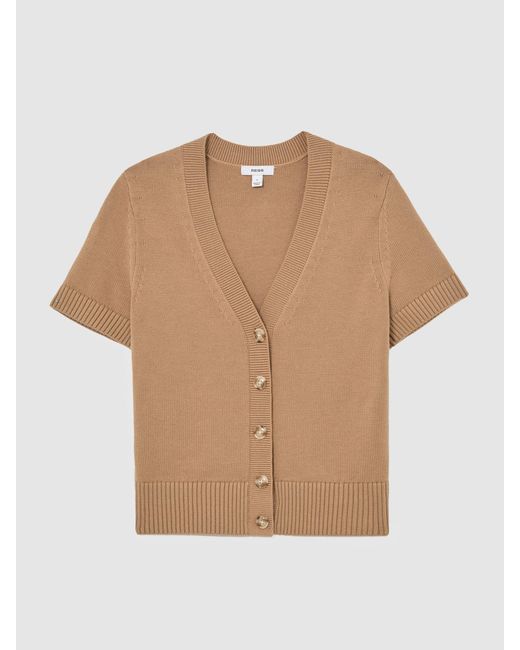 Reiss Natural V-Neck Short-Sleeve Cardigan Cotton-Wool