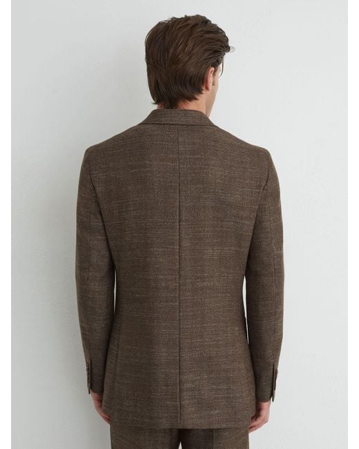 Reiss Brown Wool-Blend Double-Breasted Herringbone Blazer Classic-Fit for men