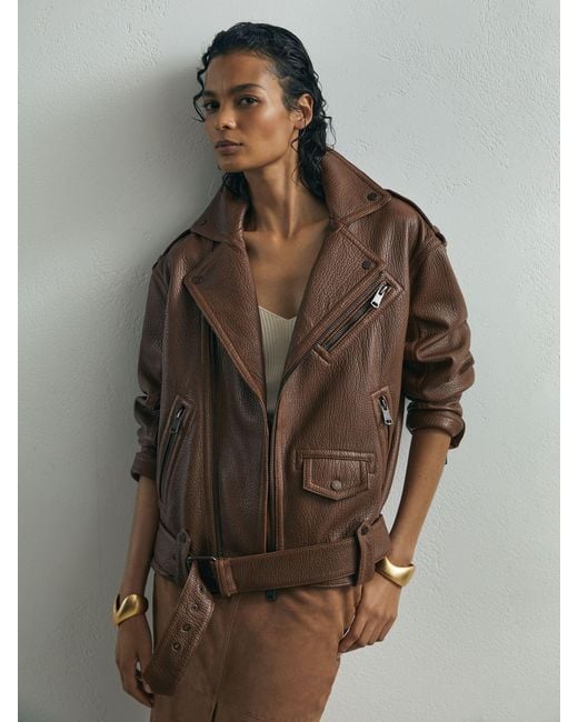 ATELIER Brown Grained-Leather Oversized Biker Jacket