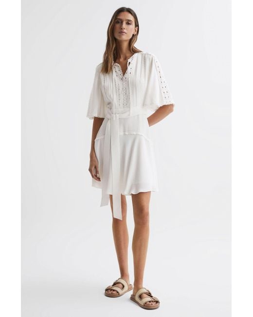 Reiss White Felicity - Ivory High Neck Lace Mini Dress