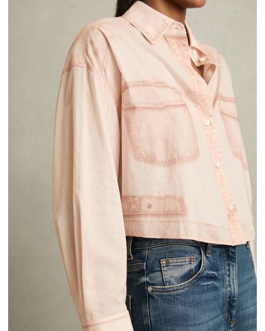 Reiss Pink Darcy Cotton Denim-Print Cropped Shirt