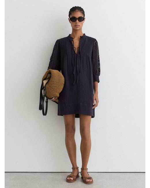 Reiss Blue Cotton Cheesecloth Broderie Mini Dress