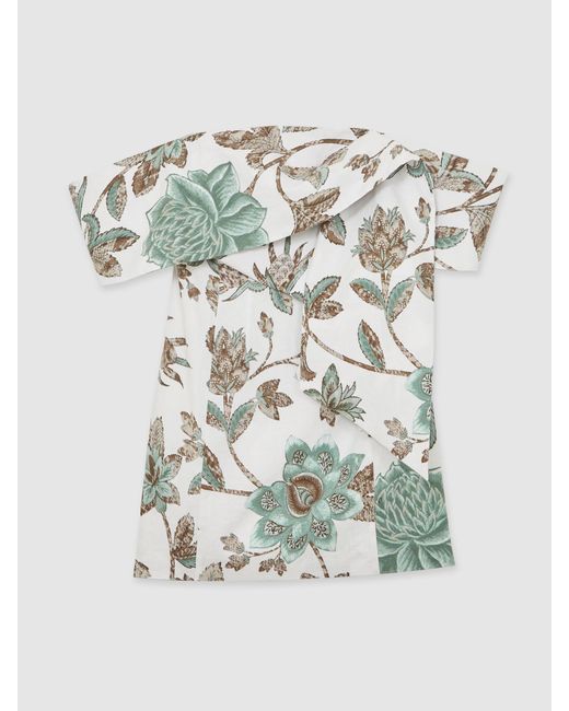 Reiss Natural Sculpted Off-Shoulder Floral Mini Dress Linen-Cotton