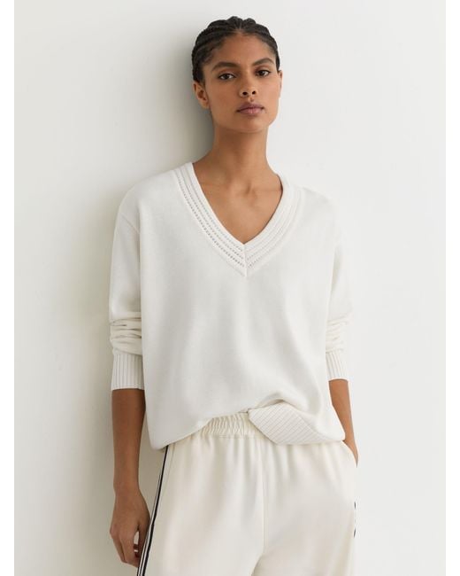 Reiss White Cherish - Ivory Cotton And Wool V-neck Jumper, Xs (us 2)
