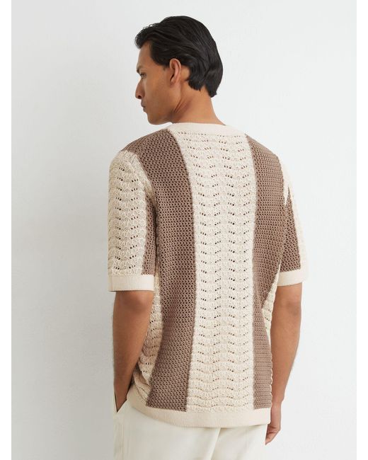 Reiss Brown Camel & Off Cotton Crochet-Knit Striped T-Shirt for men