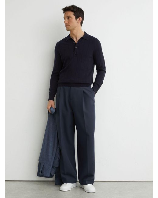 Reiss Blue Merino Wool Wide-Rib Polo Jumper for men