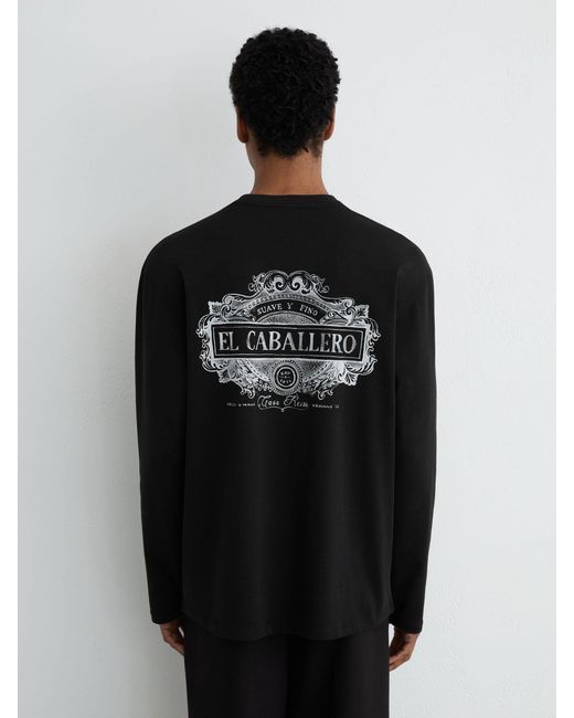 Reiss Black Cotton Motif Long-Sleeve Relaxed T-Shirt for men