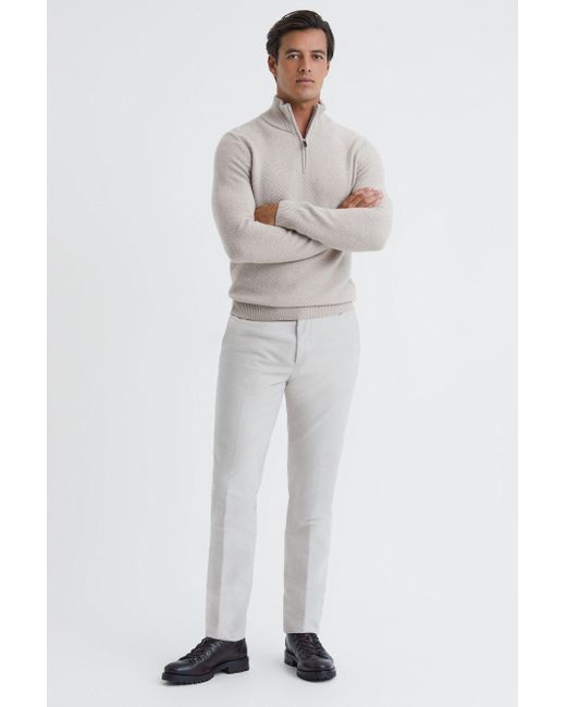 Reiss Gray Tempo - Oatmeal Melange Slim Fit Knitted Half-zip Funnel Neck Jumper for men