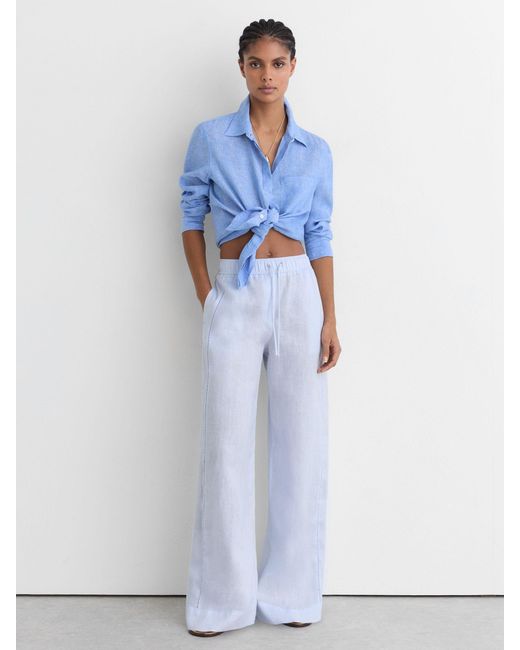 Reiss Riley - Silver Blue Linen Ladder-embroidery Wide-leg Trousers, Us 12 R