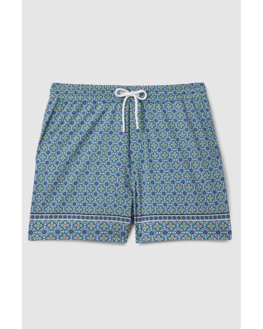 Reiss Blue Vizzini - Multi Tile Print Drawstring Swim Shorts for men