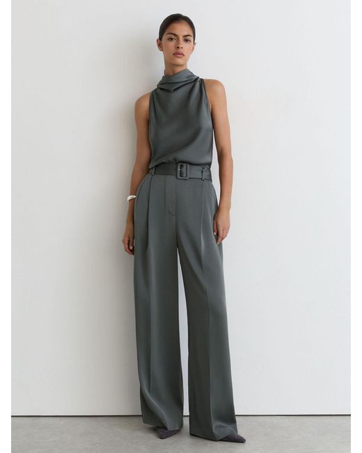 Reiss Gray Satin Cowl-Neck Wide-Leg Jumpsuit