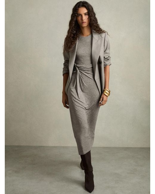 Reiss Natural Hadley - Grey Jersey Twist-detail Midi Dress, Us 10