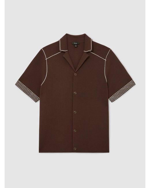 Reiss Brown Stitch-Detail Cuban-Collar Knit Shirt for men