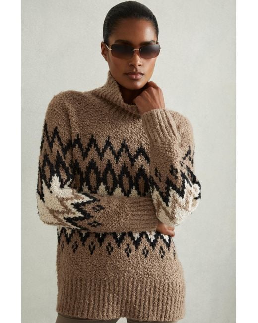 Reiss Brown Chunky Fairisle Pattern Knit Funnel Neck Jumper