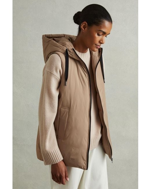 Reiss Natural Farley Camel Padded Hooded Gilet