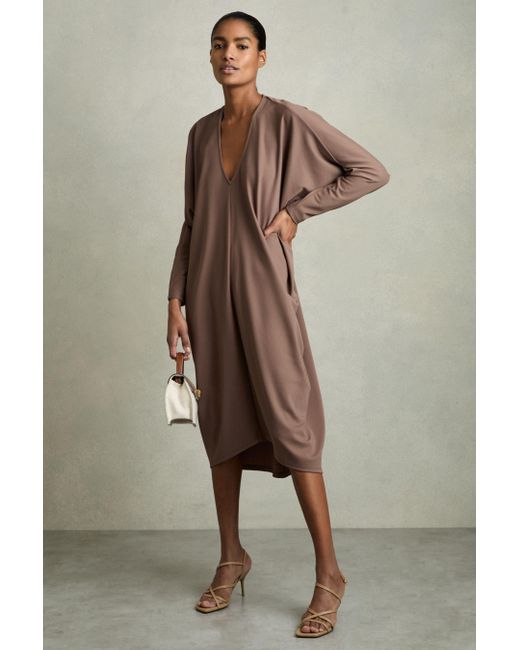 Reiss Multicolor Gracie - Mink Draped Jersey Midi Dress, S