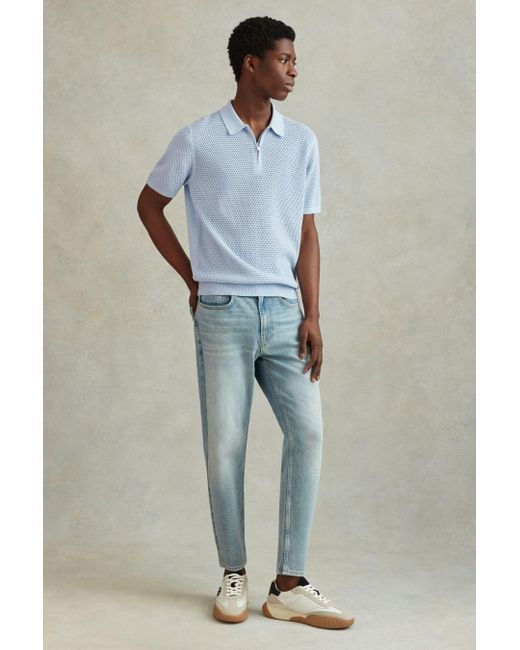Reiss Burnham - Soft Blue Cotton Blend Textured Half Zip Polo Shirt for men