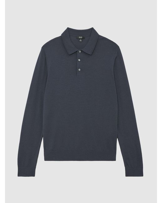 Reiss Blue Trafford Merino Wool Long-Sleeve Polo Shirt for men