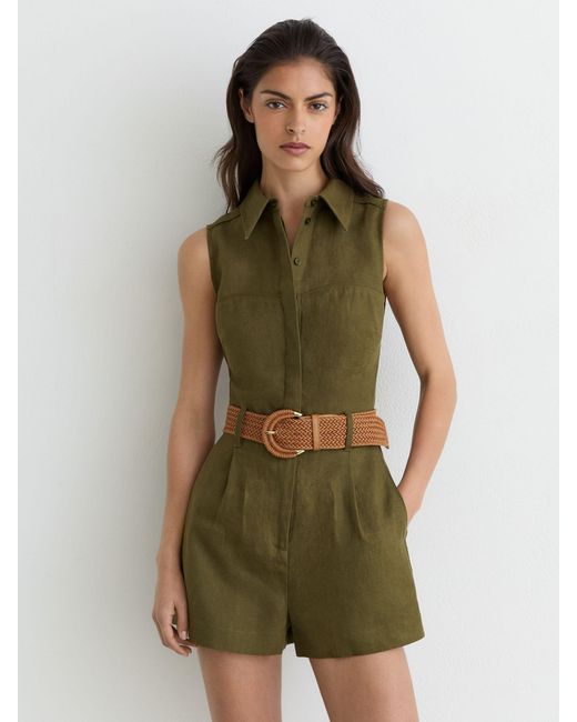 Reiss Green Linen Sleeveless Belted Playsuit