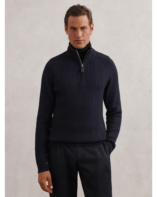 Reiss Blue Cable-Knit Half-Zip Jumper With Wool for men
