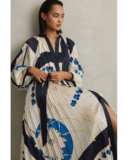 Reiss Daiya - Blue Printed Pleated Maxi Dress