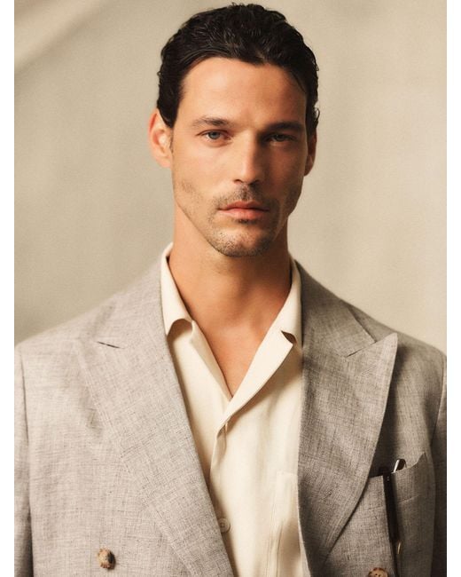 Reiss Gray Tailored Fit Linen Double-Breasted Suit Blazer for men