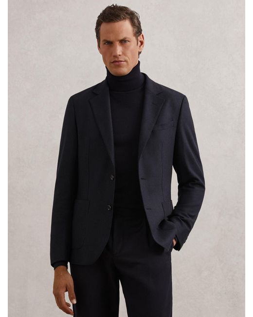 Reiss Blue Flannel Single-Breasted Blazer Tailored-Fit With Wool for men
