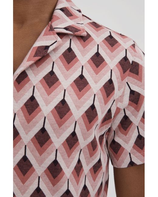 Reiss Red Beech - Pink Multi Cotton Blend Jacquard Cuban Collar Shirt, Xxl for men