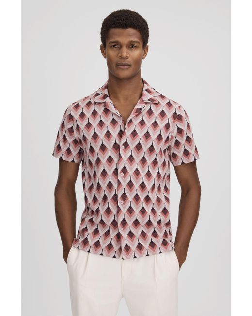 Reiss Red Beech - Pink Multi Cotton Blend Jacquard Cuban Collar Shirt, Xxl for men