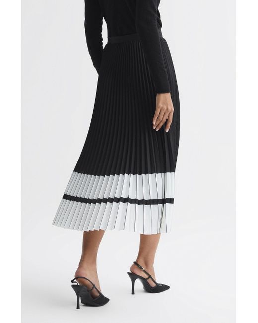 Reiss Multicolor Marie - Black/white High Rise Pleated Midi Skirt