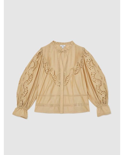Reiss Natural Broderie Anglaise Tie-Neck Blouse