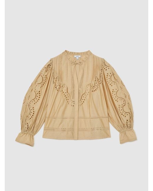 Reiss Natural Broderie Anglaise Tie-Neck Blouse