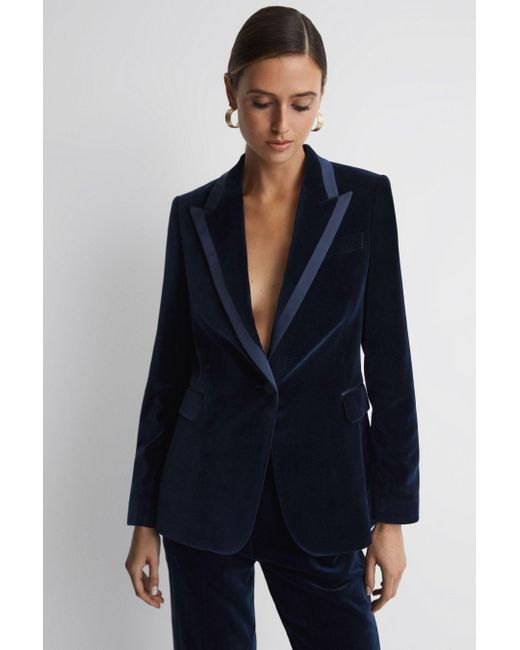 Reiss Blue Bree - Navy Single Breasted Velvet Suit Blazer