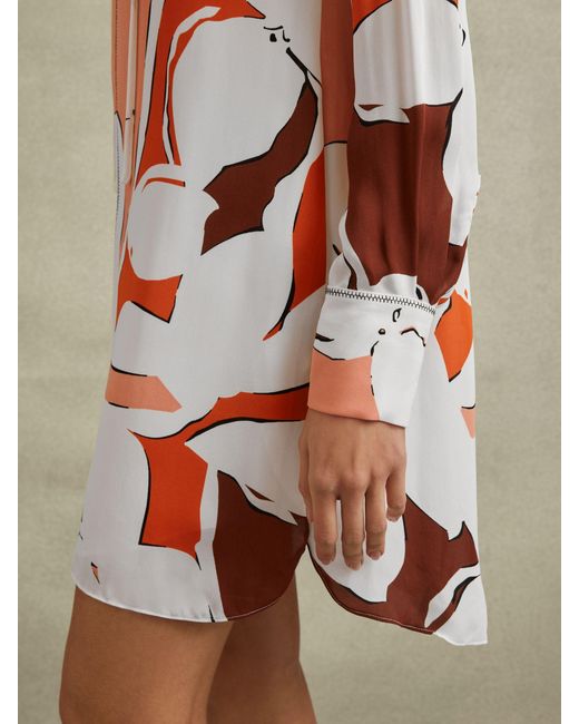 Reiss Tanya - Cream/red Printed Tie Neck Mini Dress, Us 6