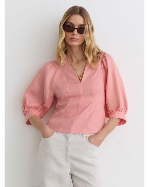 Reiss Pink Linen Balloon-Sleeve Top