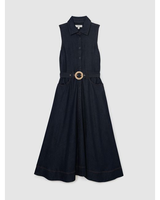 Reiss Remi - Indigo Blue Button-front Belted Denim Midi Dress, Us 2