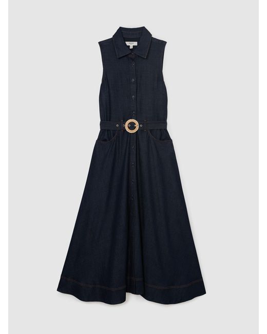 Reiss Remi - Indigo Blue Button-front Belted Denim Midi Dress, Us 0