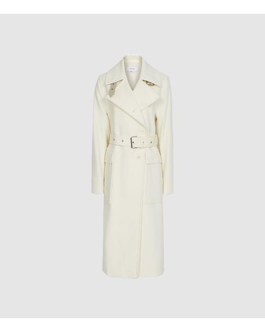 Reiss White Everley - Wool Blend Belted Trench Coat