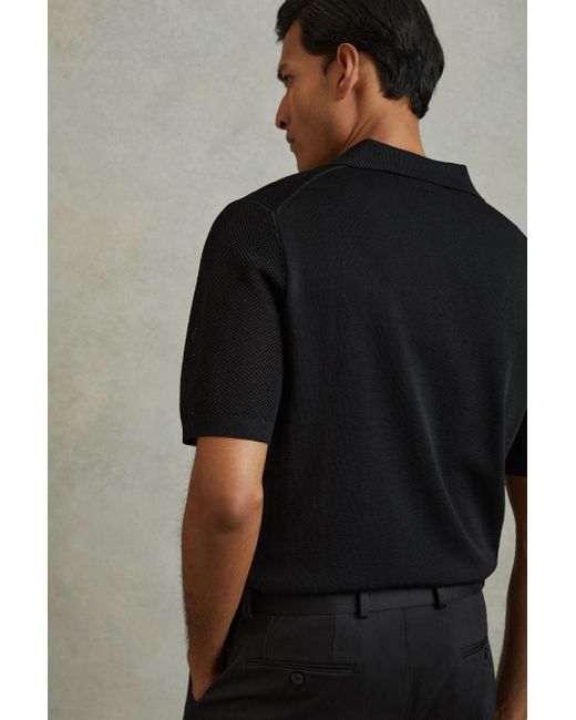 Reiss Charlie - Black Open-stitch Cuban-collar Polo Shirt for men