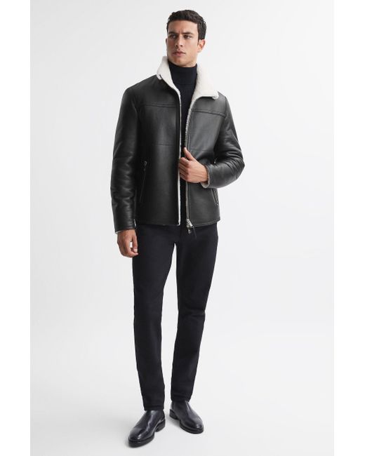 Reiss Brankos - Black Leather Sheepskin Jacket, L for men