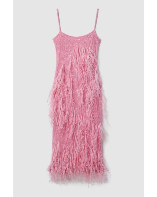 Rachel Gilbert Pink Rachel Sequin Feather Midi Dress