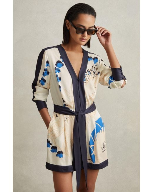 Reiss Natural Isabella - Blue Printed Belted Playsuit