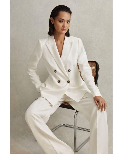 Reiss Natural Lori - White Viscose-linen Double Breasted Suit Blazer, Us 8