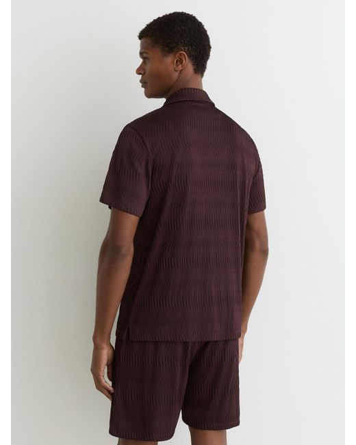 Reiss Brown Textured-Wave Cuban-Collar Shirt for men