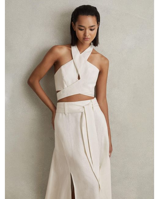 Reiss Natural Abigail - White Linen Halter Neck Cropped Top, Us 2
