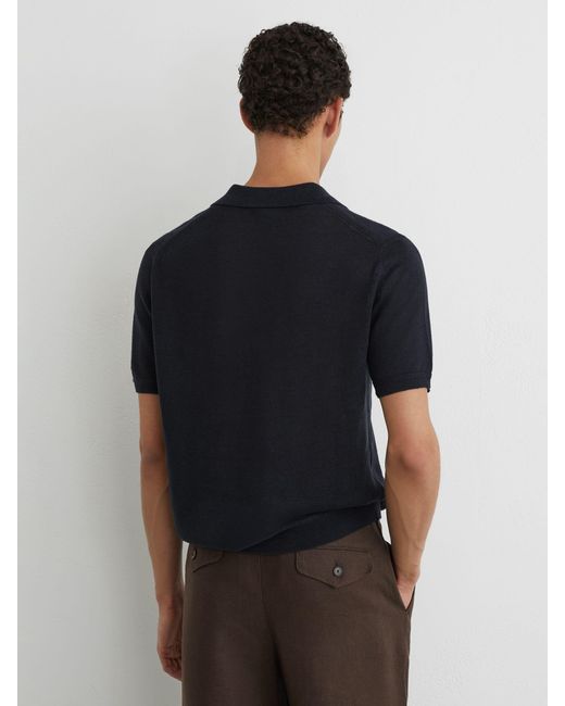 Reiss Black Fairmont - Navy Linen Open-collar Knit Polo Shirt, M for men
