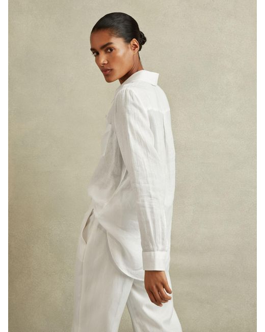 Reiss Natural Campbell - White Linen Long Sleeve Shirt, Us 0