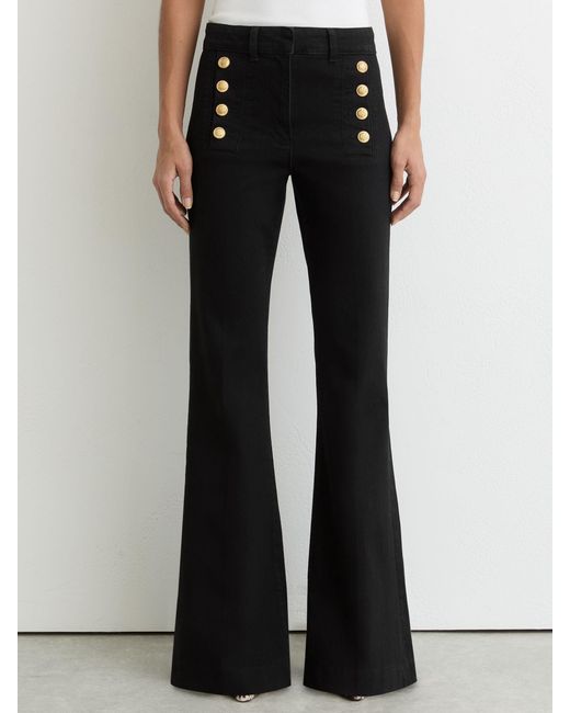 Reiss Black Petite Button-Detail High-Rise Flared Jeans