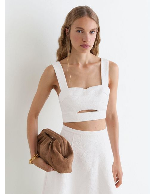 Reiss White Cotton-Blend Jacquard Crop Top